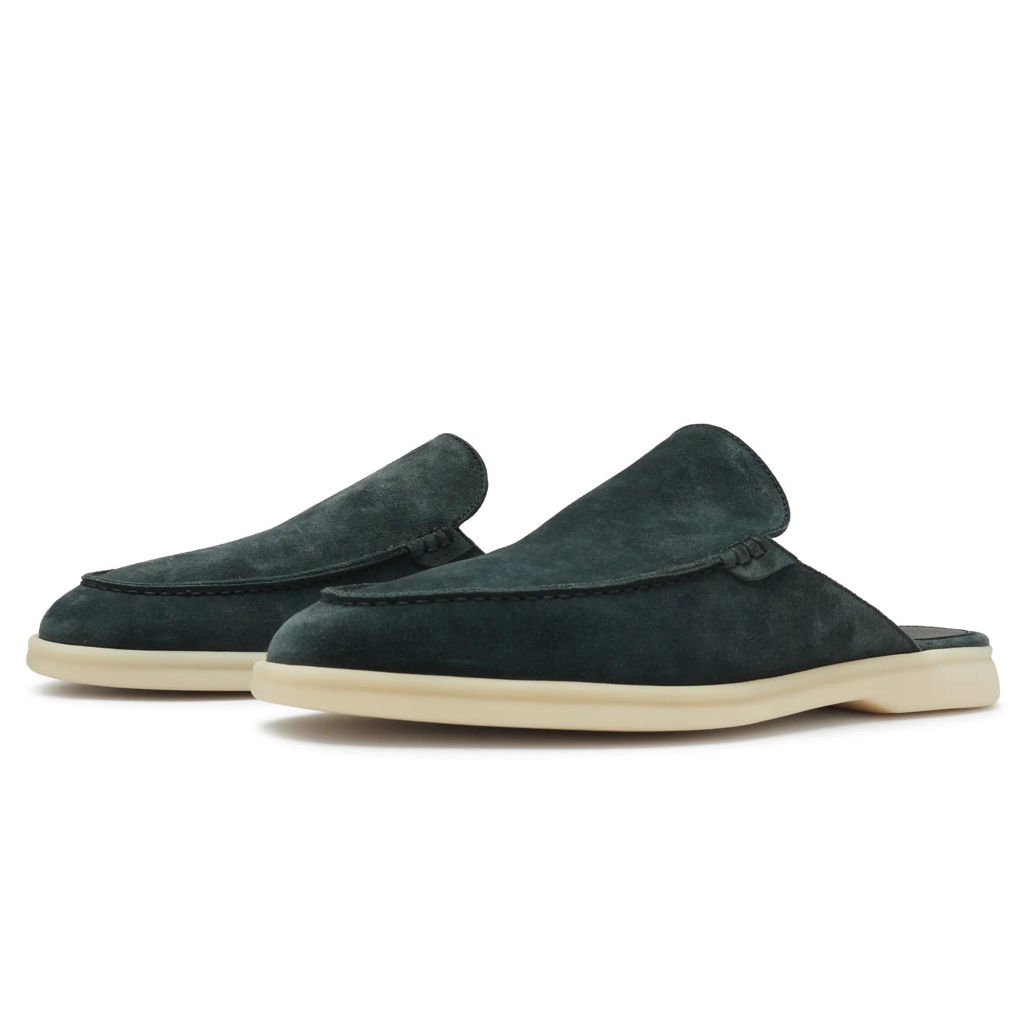 Front Side View of Loro Piana Babouche Walk Suede Dark Green Loafers FAM3488_50SL